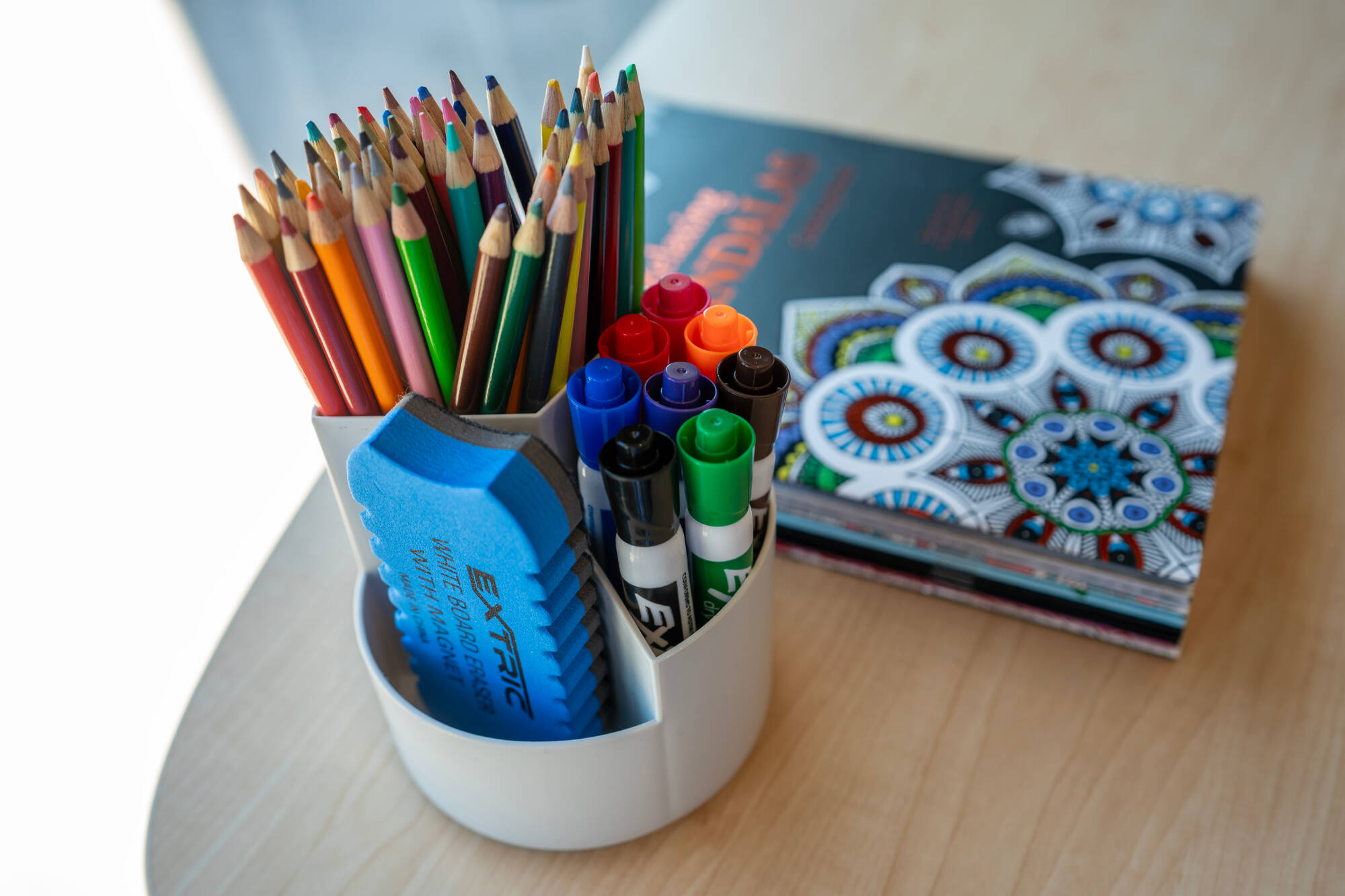 Desk organizer with colored penclis and markers
